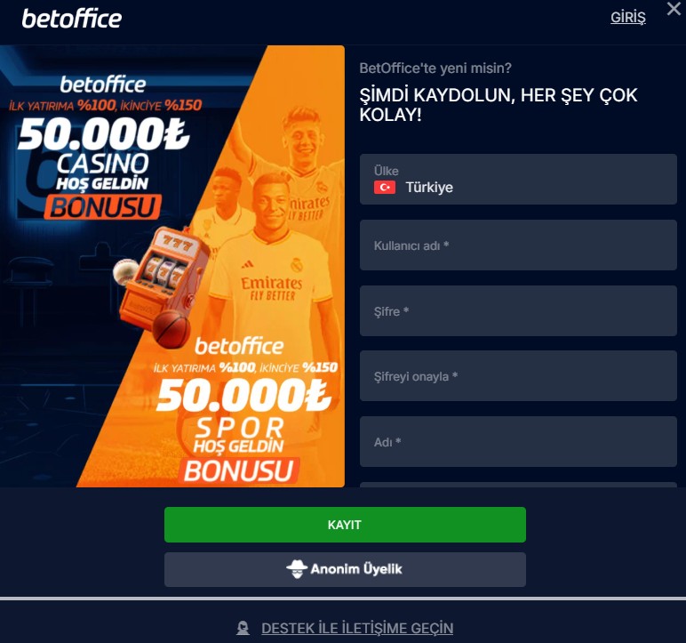 Betoffice üyelik işlemleri